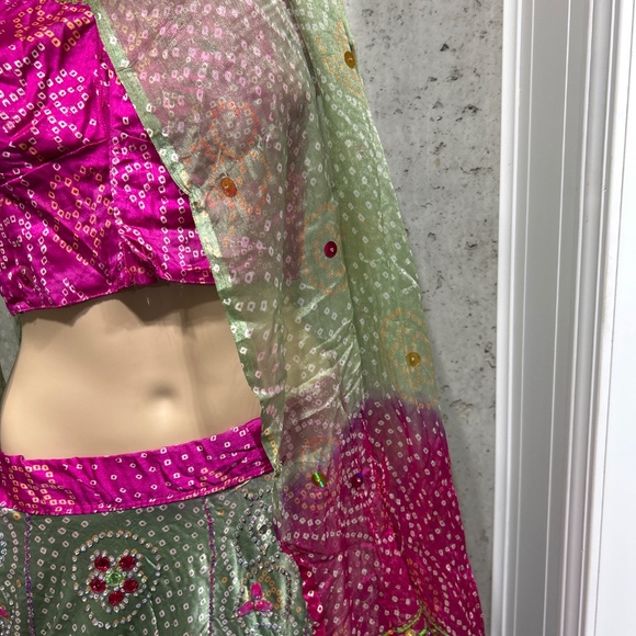 Elegant Pink and Green Lehenga - Picture 3 of 15
